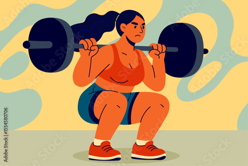 Confident woman doing barbell squats at the gym, focused on strength training