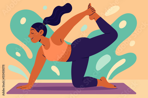 Woman practicing yoga in tiger pose, balancing on one hand and knee with back leg lifted