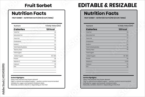 Fruit Sorbet nutrition facts, nutrition facts, food label, calorie chart, protein infographic, healthy eating, vitamin chart, editable template, diet plan, meal prep nutrition, food packaging label