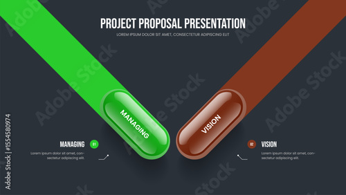 Marketing Performance Slide Design Vector Illustration. Investor Planning Two Element Infographic Frame Template. Visual Plan 2 Option Diagram Presentation Layout.