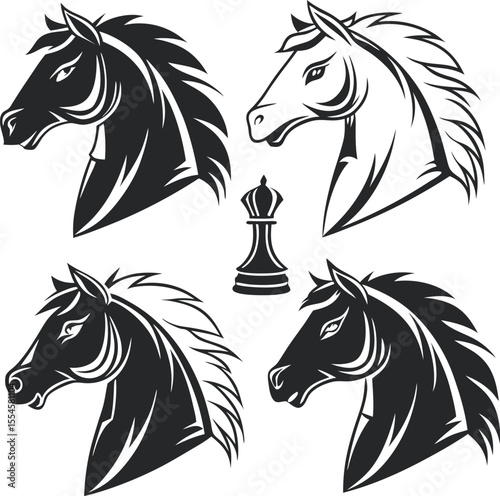 Elegant Black and White Horse Head Silhouettes in Grid Layout  Modern Minimalist Equine Illustration