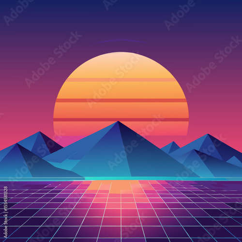 An isometric view of a vivid cosmic dreamscape featuring neon lights, cyan skies, and a grid in the foreground. This digital art piece captures a surreal fantasy scene.