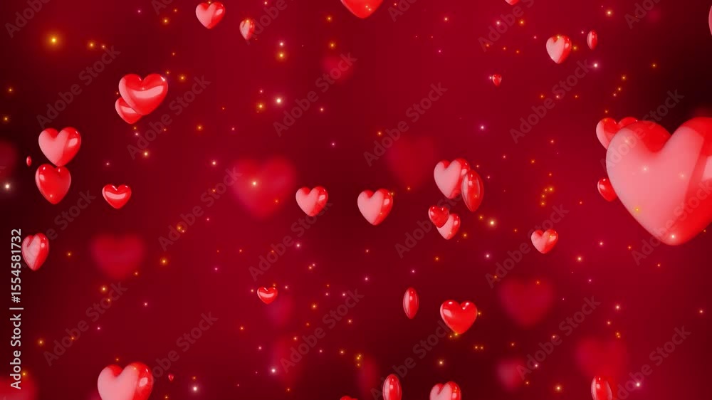 valentines day 3d hearts and bokeh lights and glitter stars red animation, love and passion 14 February and anniversary 4k motion background	