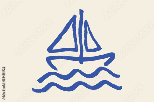 Sailboat on waves hand drawn naive style vector illustration