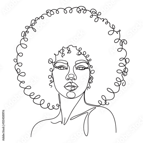 Black and white line art portrait of a woman with afro