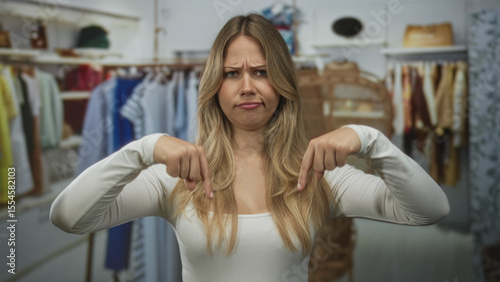 Woman finger pointing downward at product display in clothing store; uncertainty hesitation skepticism.