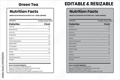 Green Tea nutrition facts, nutrition facts, food label, calorie chart, protein infographic, healthy eating, vitamin chart, editable template, diet plan, meal prep nutrition, food packaging label