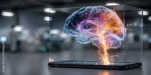 Wallpaper Mural Glowing digital brain hologram with neural activity displayed inside a transparent cube on a futuristic device Torontodigital.ca