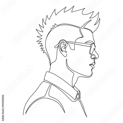 Man with mohawk and glasses in profile continuous line drawing