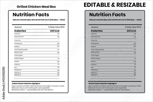 Grilled Chicken Meal Box nutrition facts, nutrition facts, food label, calorie chart, protein infographic, healthy eating, vitamin chart, editable template, diet plan, meal prep nutrition, food packag