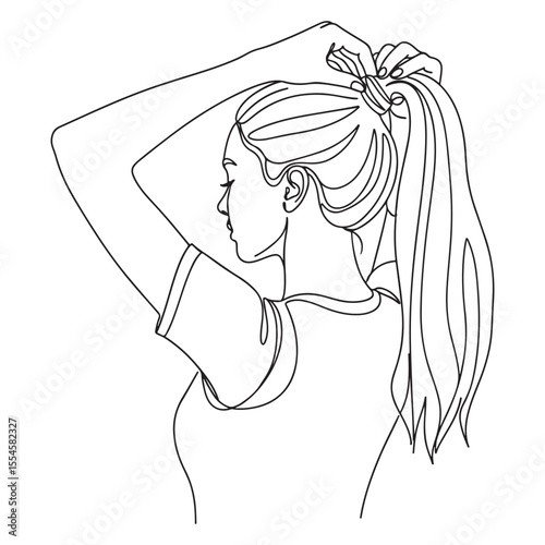 Woman tying her hair in a ponytail one line drawing