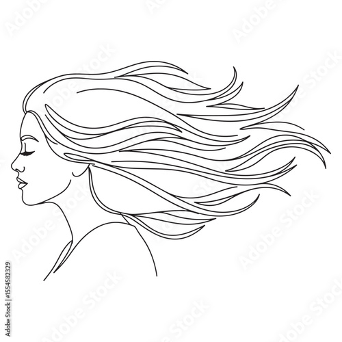 Woman profile with flowing hair line art face head