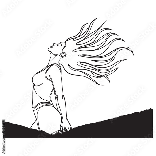 Woman with long flowing hair tossed by wind female