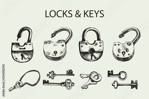 Hand drawn sketch vector vintage lock and keys set, isolated illustration