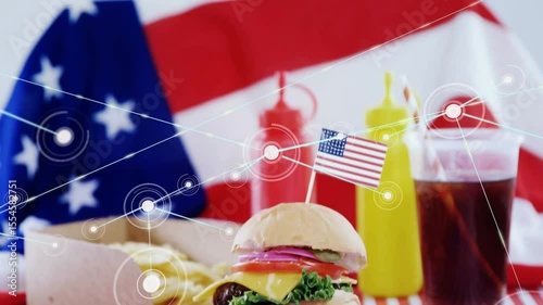 Upon circle appearing network expanding revealing burger fries condiments soda evoking patriotism