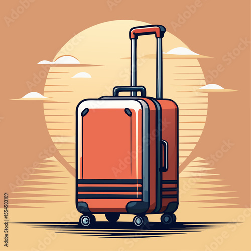 Red vintage travel suitcase illustration, retro design with wheels.