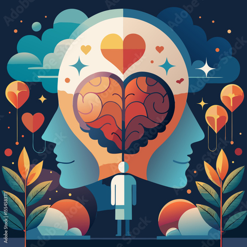 Illustration of mindfulness and mental health, symbolized by a heart-shaped brain with stars around it.