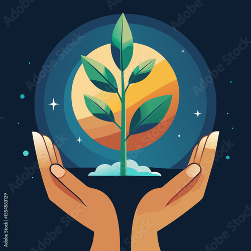 Eco-friendly growth symbolized by hands cradling tree seedling with Earth at heart center, illustrating environmental care and renewal.