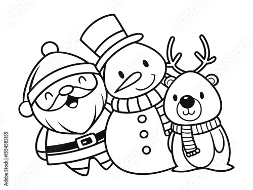 Santa Claus, Gingerbread man, snowman, reindeer, polar bear outline line art doodle cartoon illustration. Winter Christmas theme