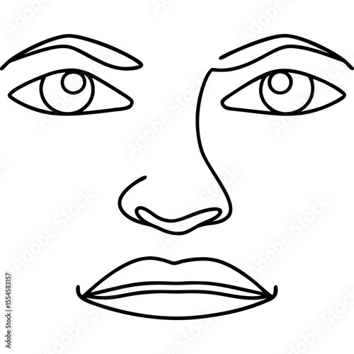 Simple line art face sketch with eyes, nose, and lips.  Detailed facial features drawing includes eyes, nose, and lips. This elegant line art face sketch is perfect for beauty salon logo.