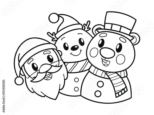 Santa Claus, Gingerbread man, snowman, reindeer, polar bear outline line art doodle cartoon illustration. Winter Christmas theme