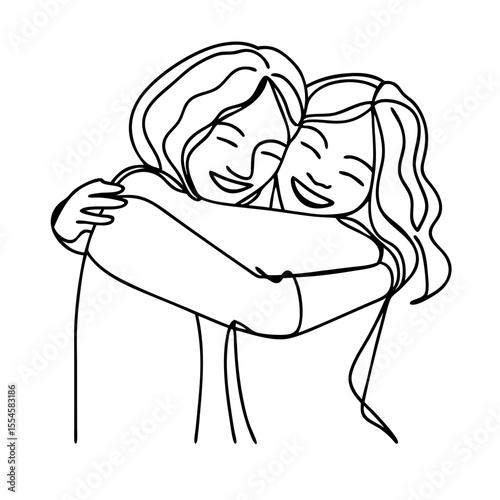 Two girls hugging tightly, happy faces and warm embrace. Line art illustration of friendship and sisterhood, showing affection and closeness.