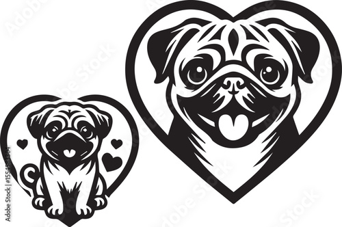 This black and white image features two stylized pug dog illustrations, both framed within heart shapes, emphasizing affection. The larger heart shows a pug's face with its tongue out, detailed with c
