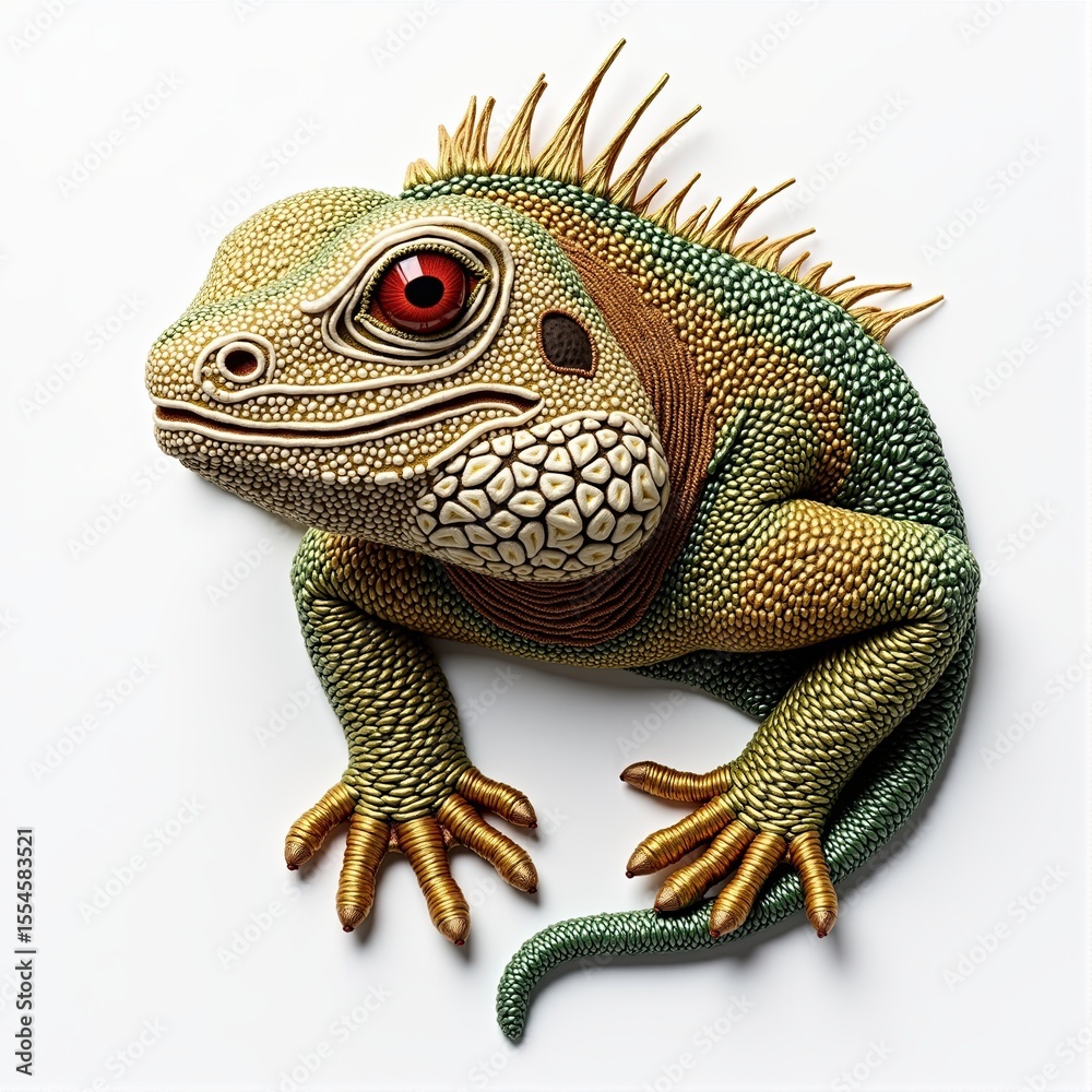 Obraz premium An intricately detailed iguana with a unique textured skin and piercing red eye on white backdrop