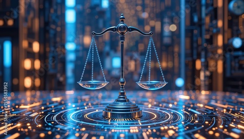 Balancing Digital scale justice, fairness in modern technology environment, Digital Holographic scales balance on illuminated datum background of ai circuitry. Innovation concept, 8k Detail Resolution