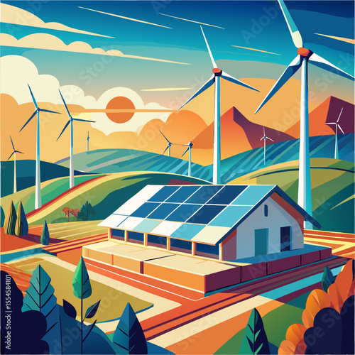 Eco-friendly rural landscape with solar panels, wind turbines and green pastures.