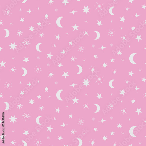 White crescent moon and little stars seamless pattern on pastel pink background. For baby girl nursery, fabric and kids room decoration