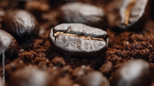 Macro closeup of coffee beans on ground coffee with shifting focus.