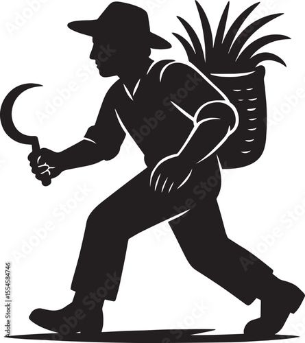 Black and White Silhouette of Farmer with Sickle and Basket – Dynamic Rural Action Pose Vector Illustration, Dynamic Silhouette of a Farmer Harvesting Crops, Black and White Vector Depicting Tradition