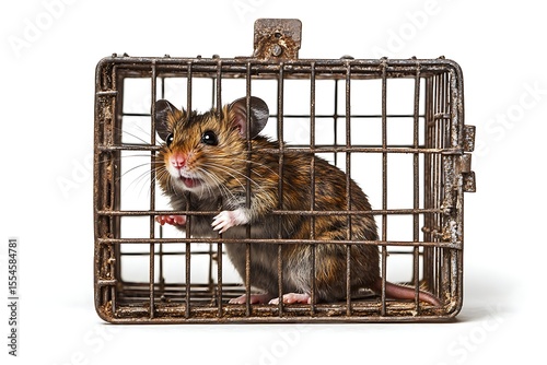 Scared mouse trapped in rusty metal cage against white background looking for freedom