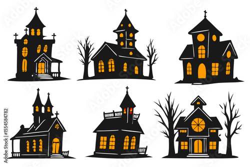 Collection of spooky haunted houses with glowing orange windows and bare trees isolated on transparent background
