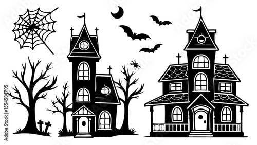 Collection of spooky halloween houses and elements featuring a haunted mansion church and ghosts isolated on transparent background