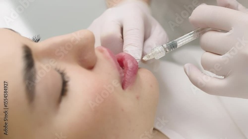 Injection procedure for lip augmentation, close-up. The cosmetologist slowly and carefully injects filler into the client’s lips. Advertising concept for facial care, youth and beauty.
