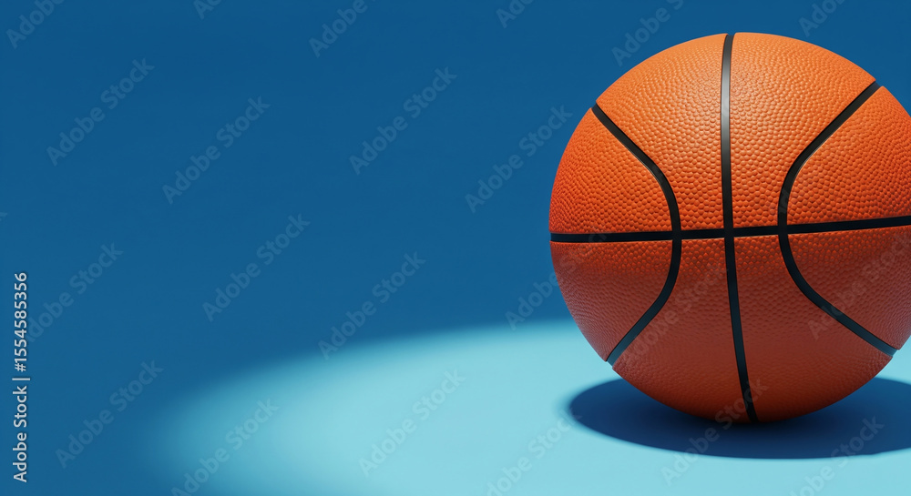 Fototapeta premium Basketball rests in a spotlight against a soft blue backdrop, its texture and contours carefully highlighted.
