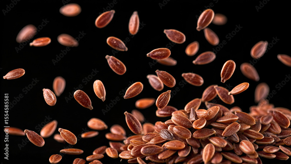 Obraz premium Flax seeds falling onto a pile against a black background in a studio shot with a macro lens