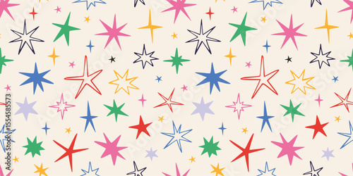 Seamless pattern with scribble stars and sparks. Cheerful and trendy design for festive decor. Christmas, birthday print in vibrant colors. Modern vector illustration on light background, hand drawn