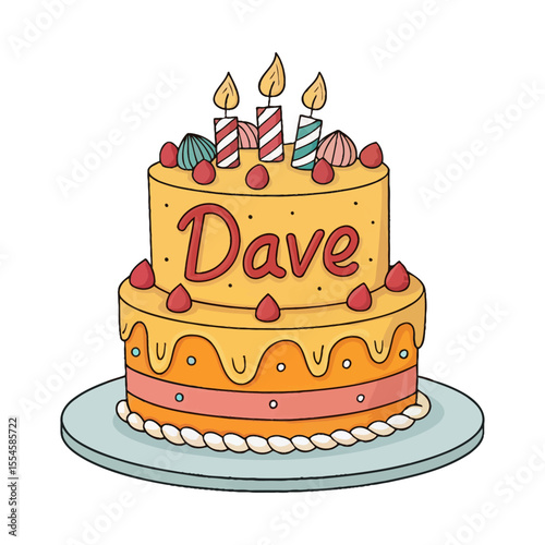 Birthday Cake with Lit Candles and Name Decoration Vector Illustration Isolated. Delicious Happy Birthday Cake with the name Dave