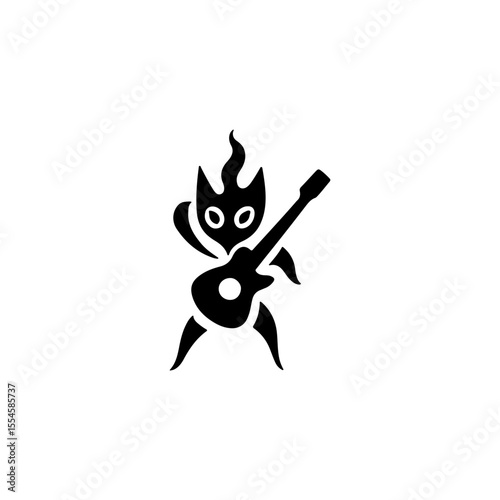 Abstract Guitar Player Vector Illustration in Motion. Stylized silhouette of a guitar player with a flame-like head, featuring an abstract and dynamic design. This vector illustration tattoo design