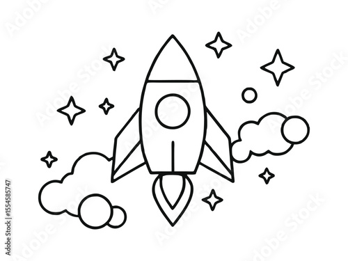 Rocket and galaxy outline coloring book page, line art drawing. Rocket icon line art vector, rocket and galaxy outline coloring book page