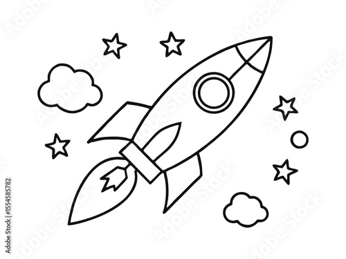 Rocket and galaxy outline coloring book page, line art drawing. Rocket icon line art vector, rocket and galaxy outline coloring book page