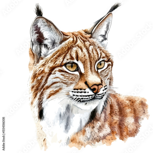 Lynx Close Up, watercolor clipart vector, isolated on a white background.