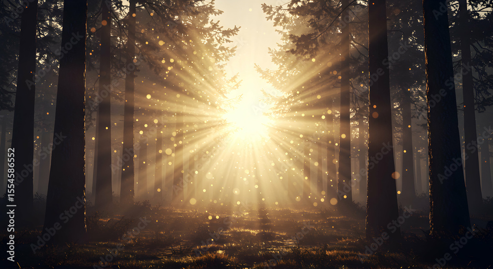 Obraz premium Sunbeams through misty forest magical nature scene peaceful tranquility serene woods sunlight rays mystical magical light