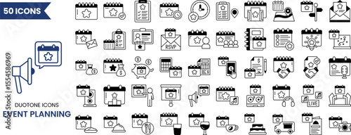 Event planning icon set in duotone style. Containing birthday, wedding, event, catering, invitation, entertainment and more. Vector illustration