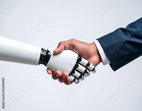 A businessman in a suit shakes hands with a robot. Image symbolizing partnership, collaboration, and the fusion of technology and humanity.