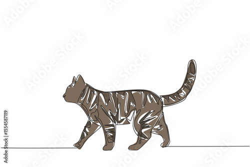 Single continuous line drawing tabby cat is walking. Smells favorite food. Searches and goes to food source. Play. Eat. Sleep. Repeat. Domestic. National Tabby Day. One line design vector illustration