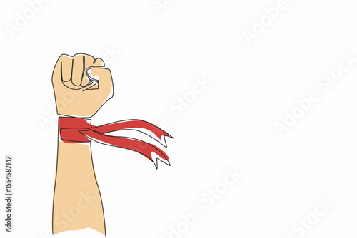 Single one line drawing clenched fists and on the wrists there are ribbons. Solidarity of workers. Fighting together to fight for all rights. May Day. Continuous line design graphic illustration